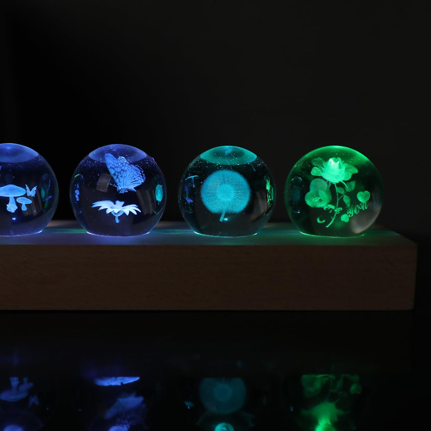 Dokscdlo 7 Pcs Flower Crystal Ball Night Light with LED Wooden Base, 3D Dandelion, Four-Leaf Clover, Mushroom, Rose, Tulip Plant Lamp for Home Office Gifts for Christmas Decor