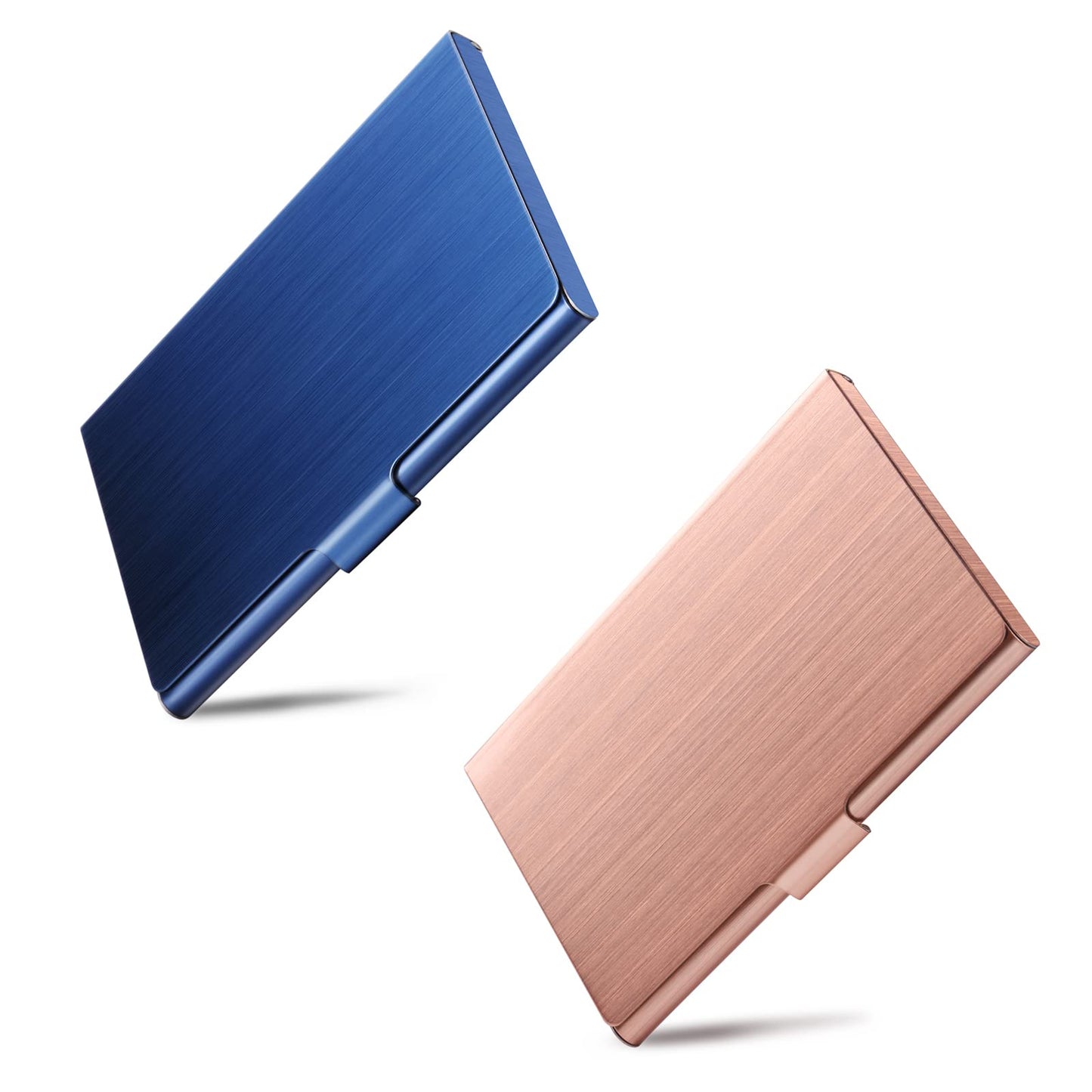 DMFLY Business Card Holder, Slim Business Card Case for Men & Women, Pocket Metal Card Case, Professional Stainless Steel Business Card Holders, Buckle Style Shut, 1PCS Rose Gold and 1PCS Blue
