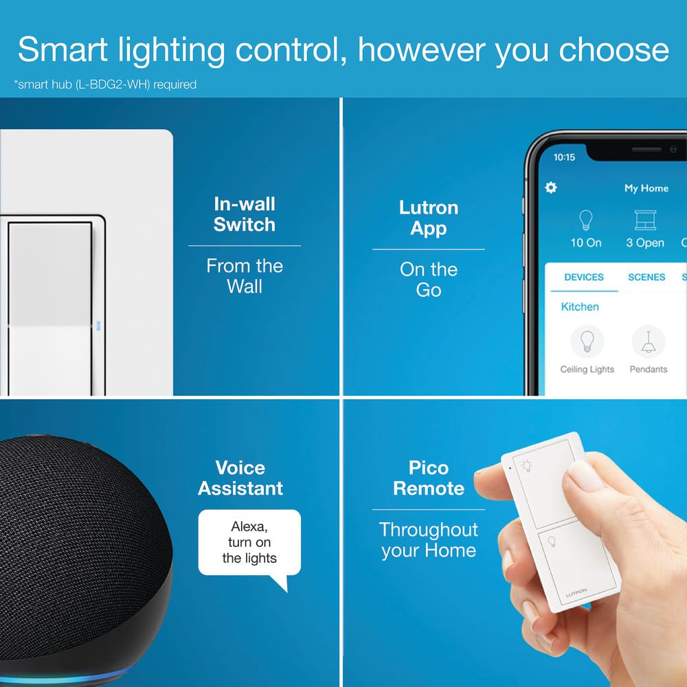Lutron Claro Smart Light Switch for Caseta Lighting, for LED Lights, Fans, 5 Amp, Single-Pole/3-Way, Neutral Required, DVRF-5NSS-WH-2, White, 2 Pack