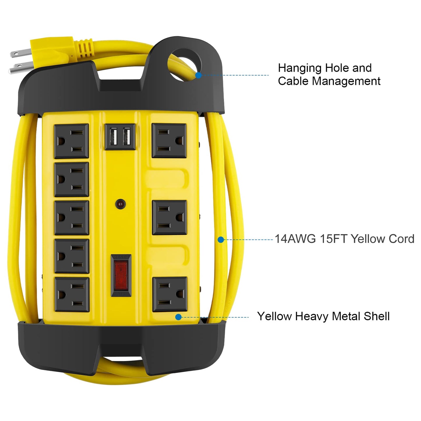 Heavy Duty Power Strip with USB, Workshop 8 Outlet Surge Protector 2700 Joules, Industrial Metal 15Amp Power Strip, 6FT Extension Cord and Wide Spaced. Yellow