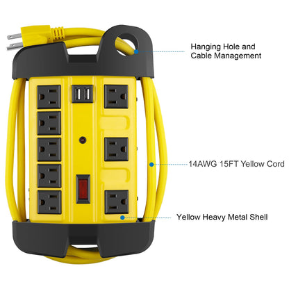Heavy Duty Power Strip with USB, Workshop 8 Outlet Surge Protector 2700 Joules, Industrial Metal 15Amp Power Strip, 6FT Extension Cord and Wide Spaced. Yellow