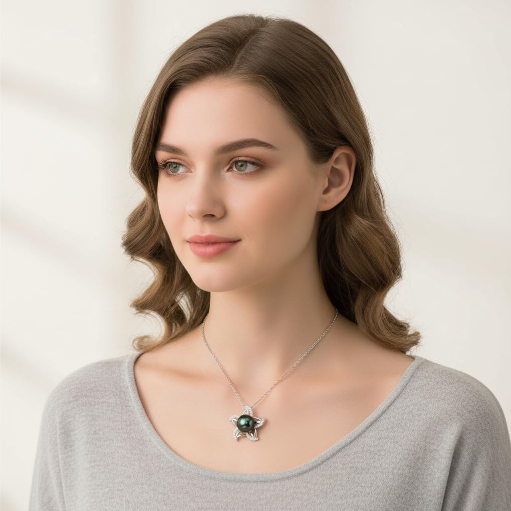 Tahitian Black Pearl Necklace for Women - Christmas Gift for Wife, Mom, Grandma, Jewelry Gifts for Wedding Anniversary Birthday, 9-10mm Seawater Pearl with Sterling Silver Moissanite Starfish Pendant