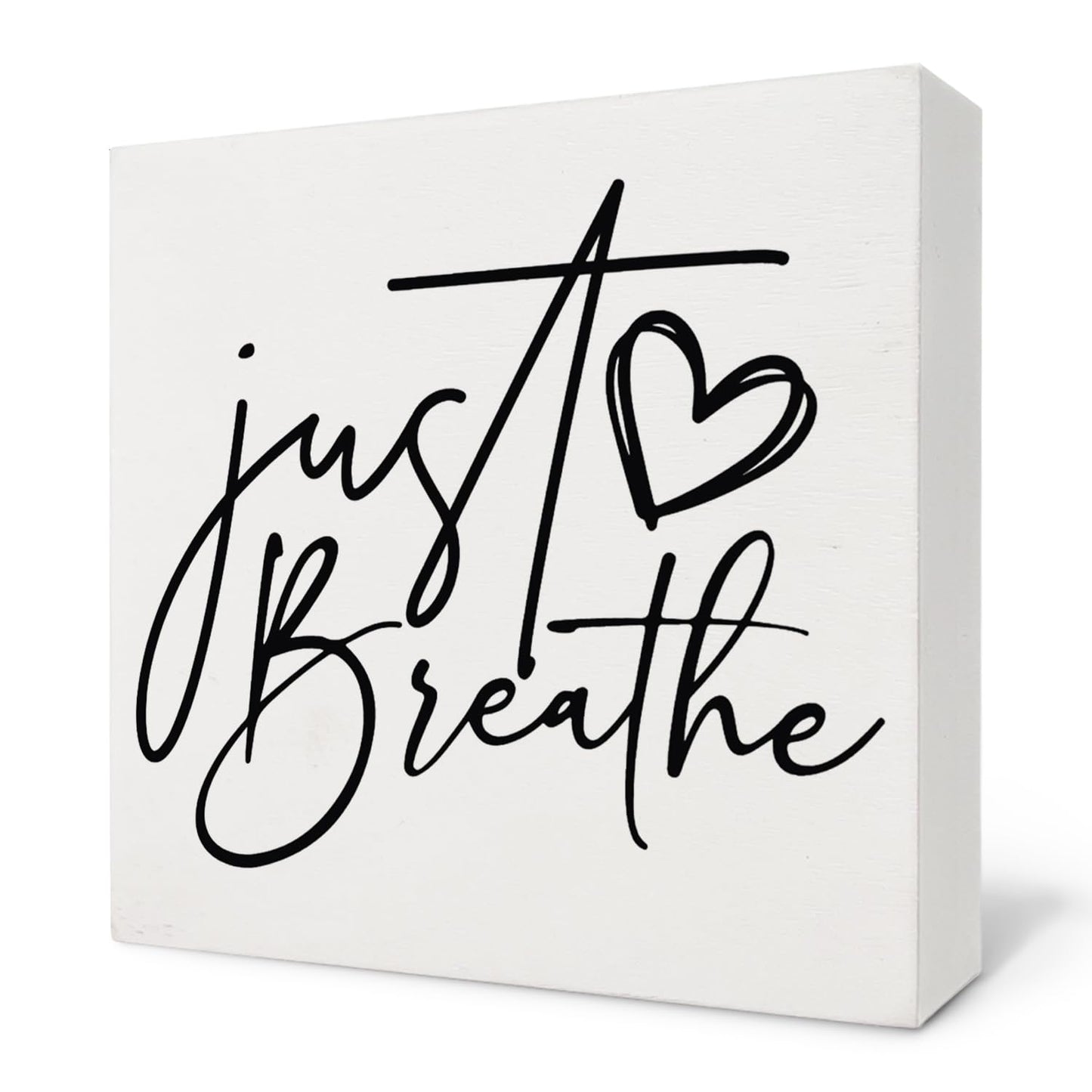 Nvotell Inspirational Desk Decor, Just Breathe Mental Health Wooden Box Sign, Motivational Positive Wood Block Plaque for Home Office Desk Shelf Tabletop Decor 5x5 Inch