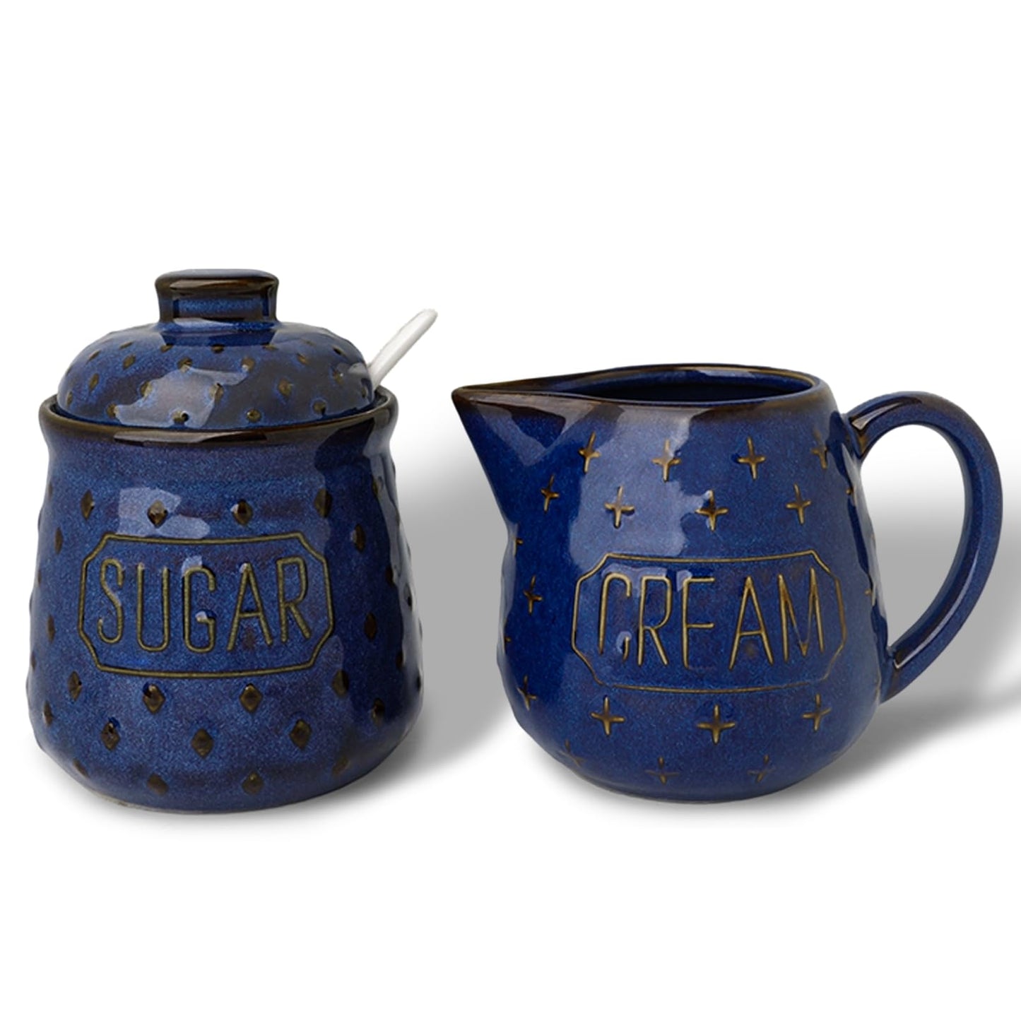 GDCZ Ceramic Sugar and Creamer Set, Coffee Serving Set, Sugar Bowl with Spoon and Cream Pitcher, Milk Creamer and Sugar Container (Blue)