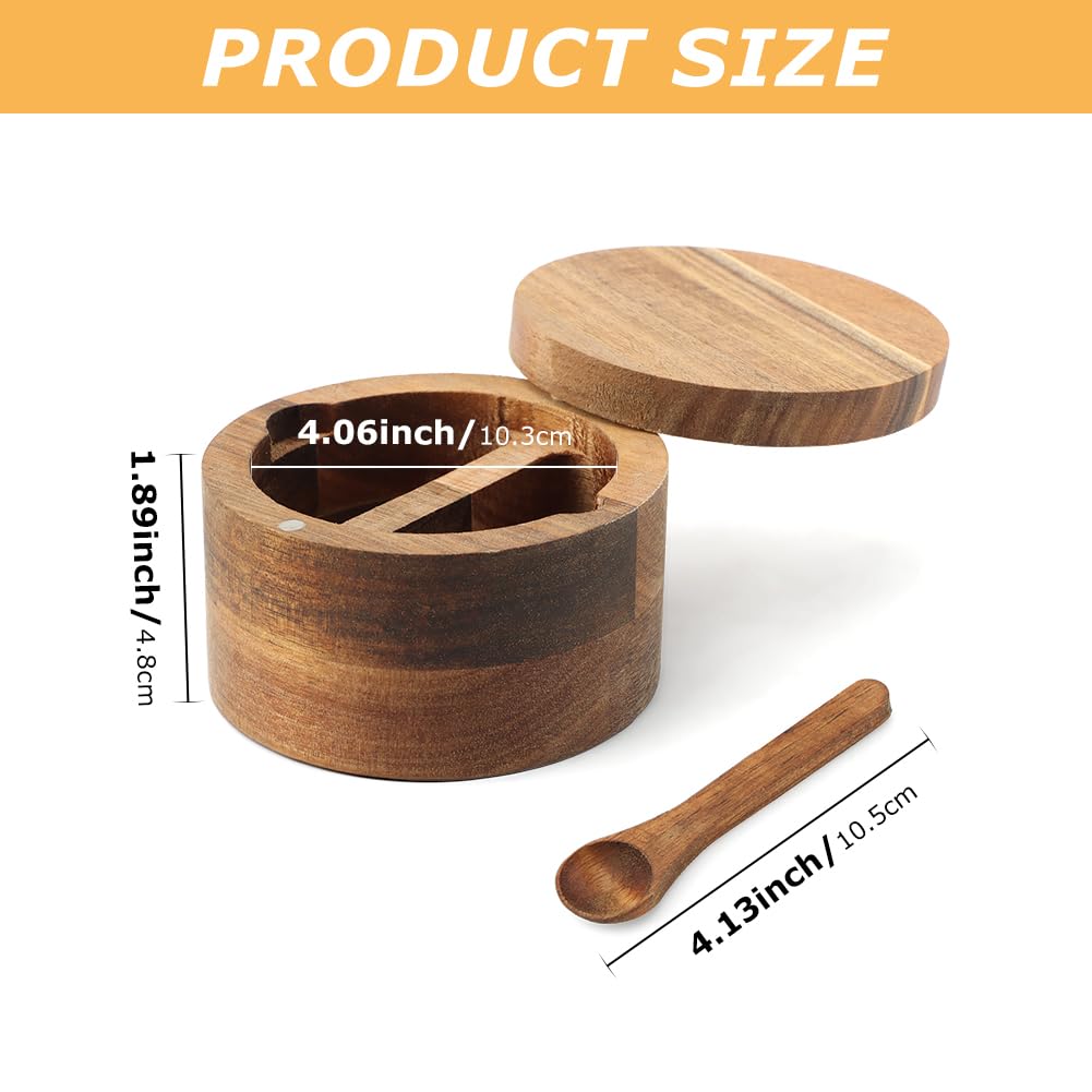 Saycker Wood Salt and Pepper Bowl, with Swivel Lid and Spoon Round Salt Container Spices Storage Box(4.06inchs)