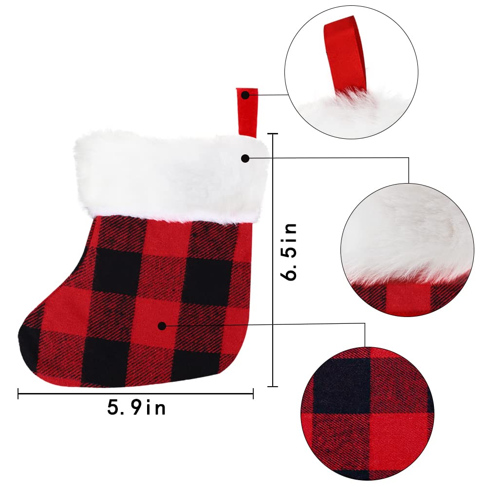 XIMISHOP 12PACK Mini Christmas Stockings 7” Double Side Xmas Red Buffalo Plaid Fireplace Hanging Stocking with Plush Cuff for Christmas Tree Decor
