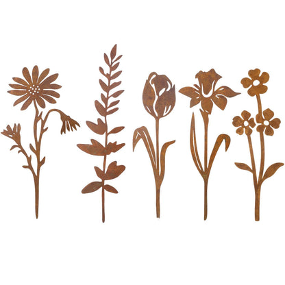 Otoolling 5 Pcs Rusty Metal Flowers and Plants, Rusty Rustic Metal Flowers Signs for Outside Yard Art Gift for Yard Decorative Garden Stakes Potted Plants Walkway and Garden