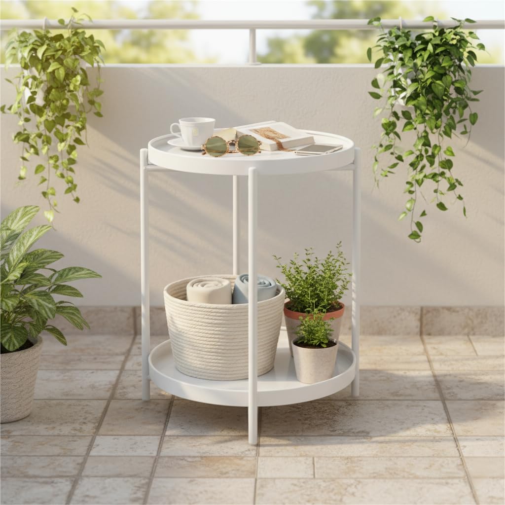 Danpinera 2 Tier Metal Side Table with Removable Tray - Round Accent Table, Anti-Rust White Nightstand for Bedroom, Balcony, Patio