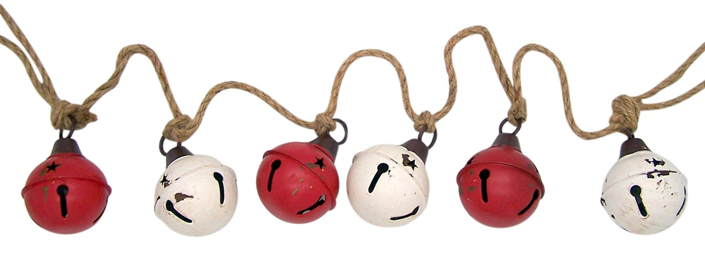 Christmas Bells Hanging Garland, Rustic Red and White Jingle Bell Set on Rope, 50 Inches