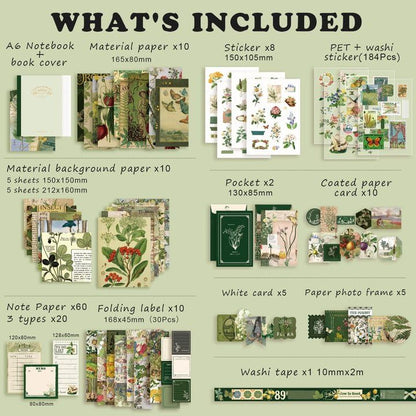 Draupnir Scrapbooking Supplies Kit,Vintage Botanical Aesthetic Scrapbook Kit for Junk Journal, Stationery,Bullet A6 Grid Notebook DIY Scrapbook Birthday Craft Gift for Teen Girl Kid Women