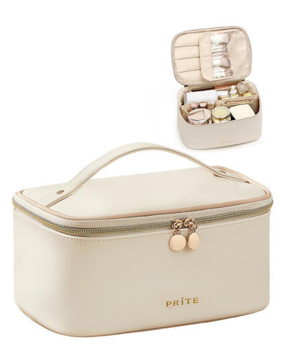 Prite Large Makeup Bag for Women Travel Cosmetic Case Waterproof PU Leather Toiletry Bag Portable Make Up Organiser with Handle and Removable Divider (Beige)