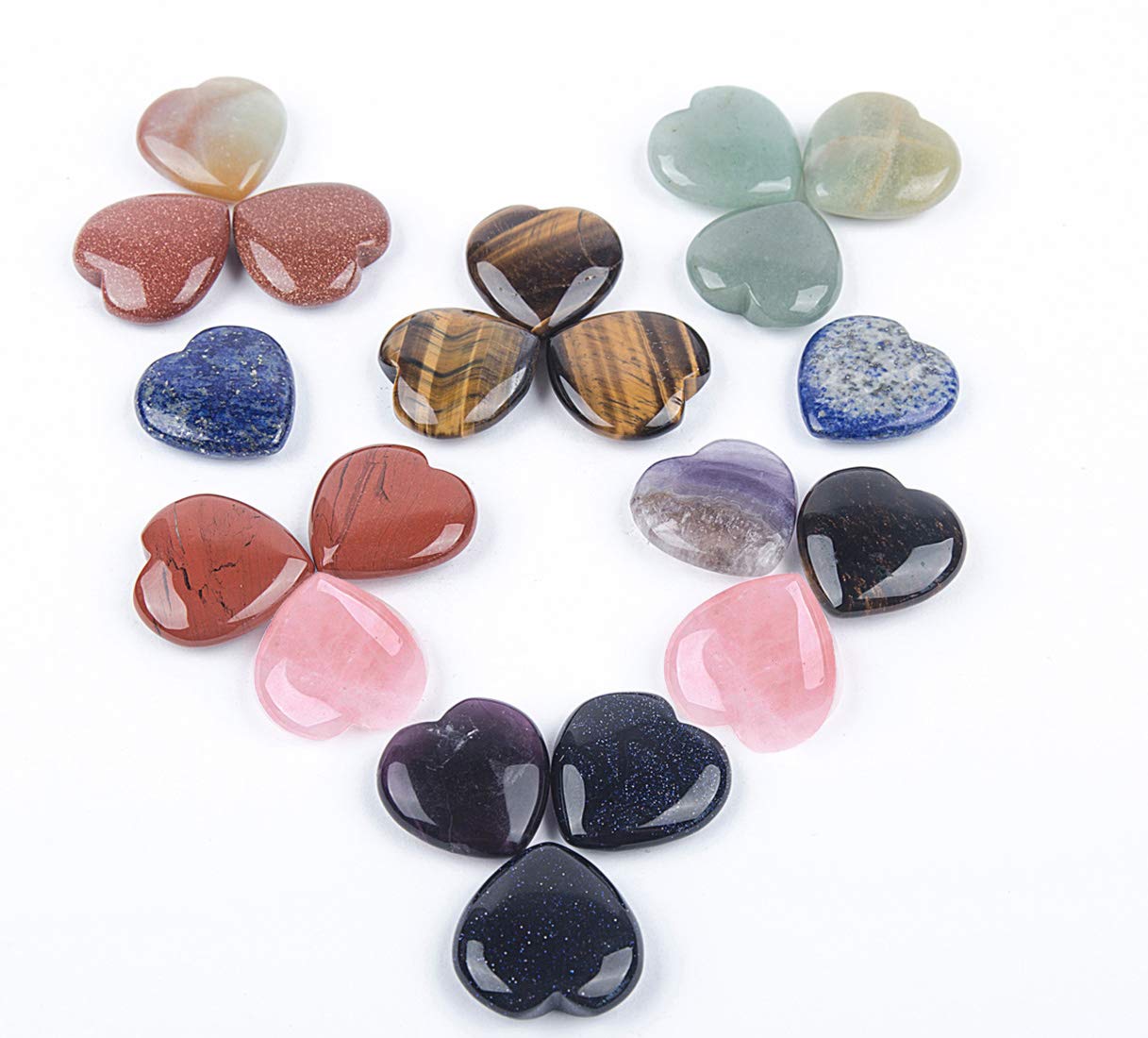 JIC Gem 20 pcs Mixed Crystal Heart Stones Heart Shape Chakra Stones 30mm Reiki Balancing Hand Carved Polished Palm Worry Stone Gift Jewelry Making and Collection