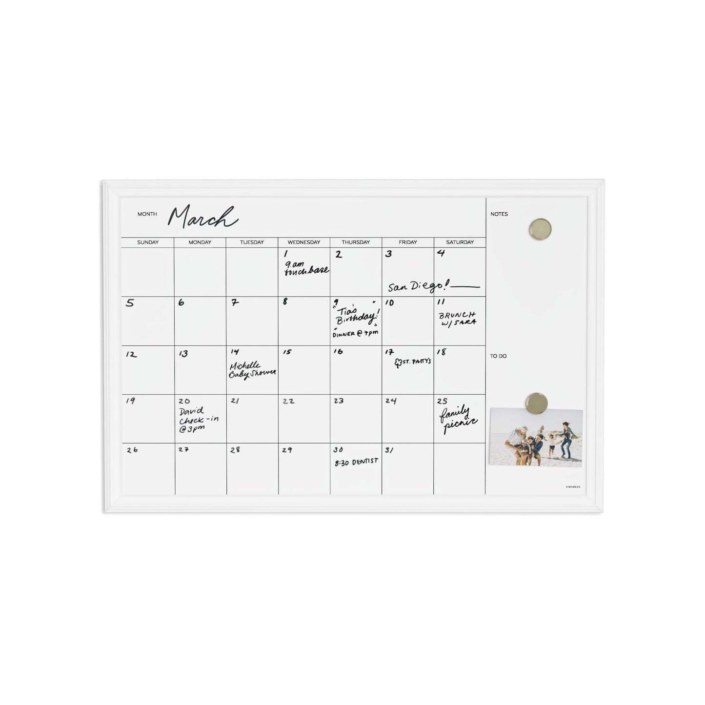 U Brands Magnetic Dry Erase Calendar Board, 30"x20", White Wood Style Frame, Includes Magnets
