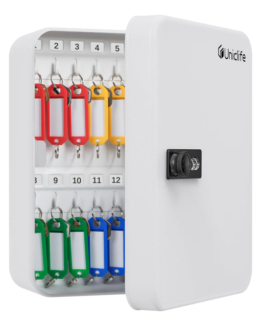 Uniclife 28-Key Steel Key Cabinet with Combination Lock Wall Mounted Key Organizer with Resettable Code White Digital Security Box with Hooks and Large Key Tag Labels Identifiers in 5 Assorted Colors