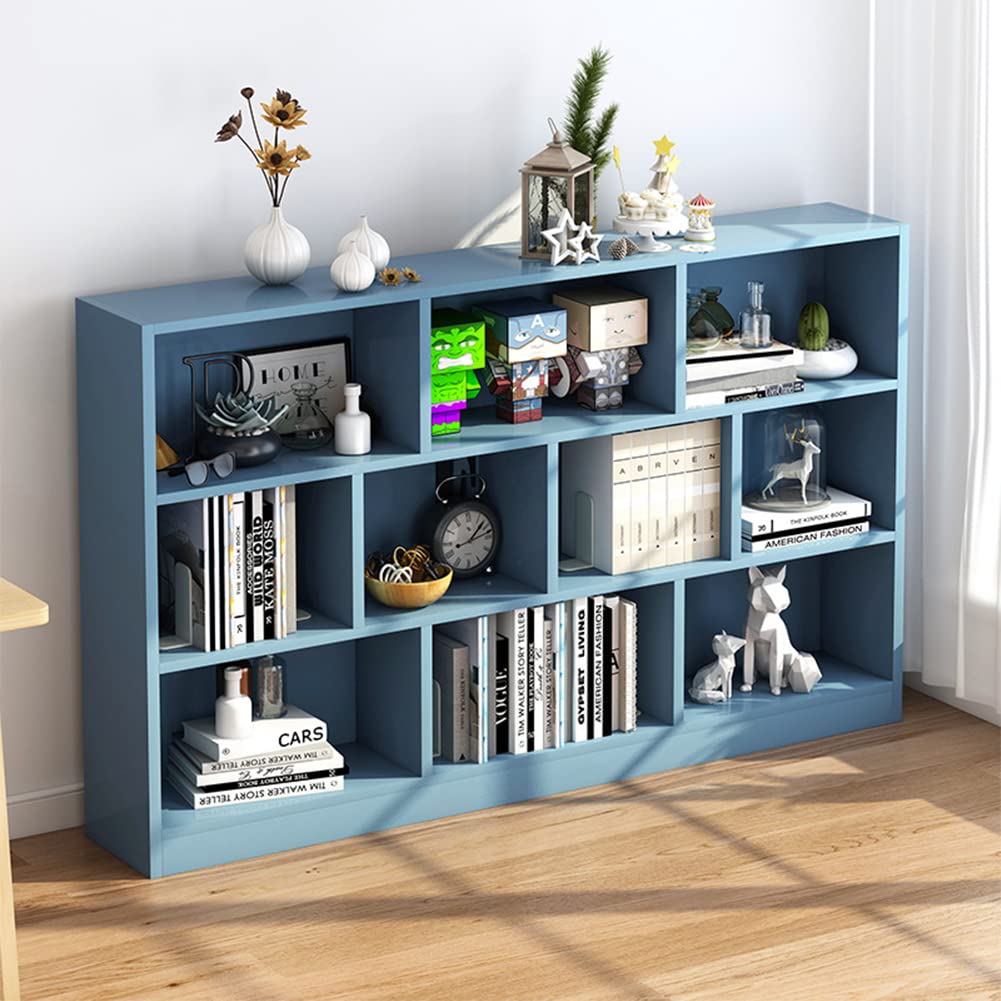 IOTXY Open Shelf Low Bookcase - Wooden 3-Tier Floor Standing Display Cabinet Organizer with Base, 10 Cubes Short Horizontal Bookshelf in Bright Blue