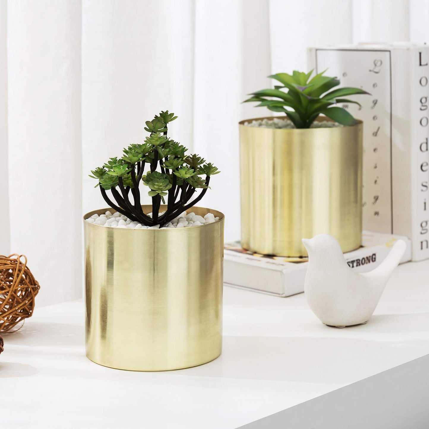 MyGift Modern Brushed Brass Plated Indoor Plant Pot, Cylindrical Metal Vase, 5 and 6 Inch, Set of 2 - Handcrafted in India