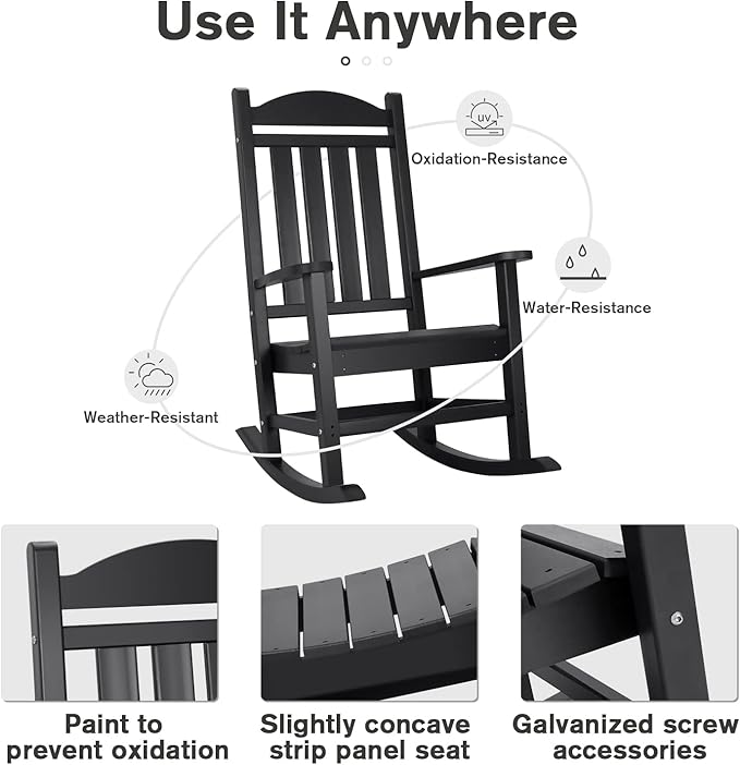 Devoko HDPE Rocking Chair Plastic Outdoor Indoor Patio Rocker Chair High Back All Weather Rocker for Patio Backyard Porch Garden (Black)