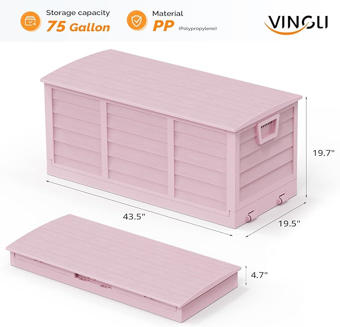 VINGLI 75 Gallon Collapsible Outdoor Storage Box, Simple-to-assemble Plastic Storage Containers with Lid, Patio Deck Box Furniture for Garden, Pool, Balcony, Yard (Pink)