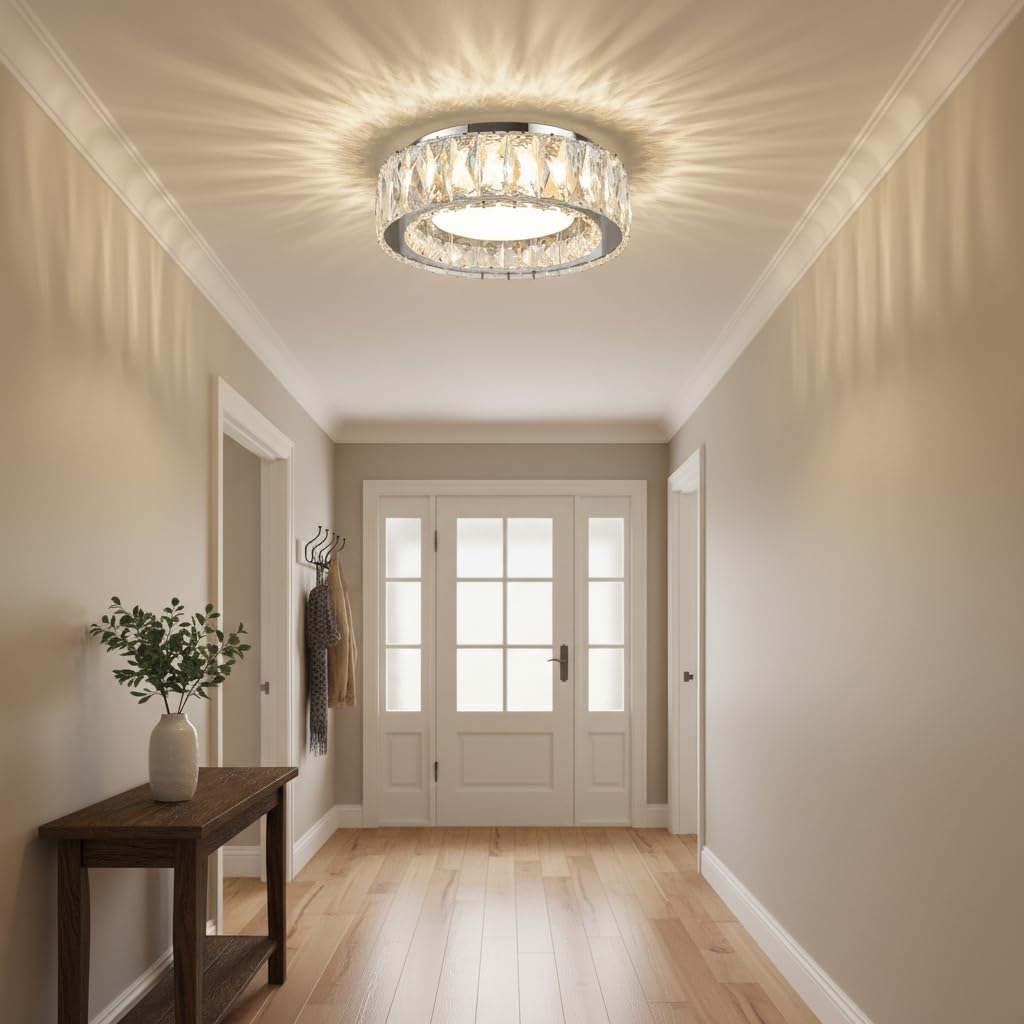 Suenigle Dimmable Modern Luxury Crystal LED Flush Mount Ceiling Light,11 Inch 24W/5CCT 3000K-6000K Chrome Small Close to Ceiling Lighting Fixtures for Kitchen,Entryway,Laundry Room,Porch,Hallway