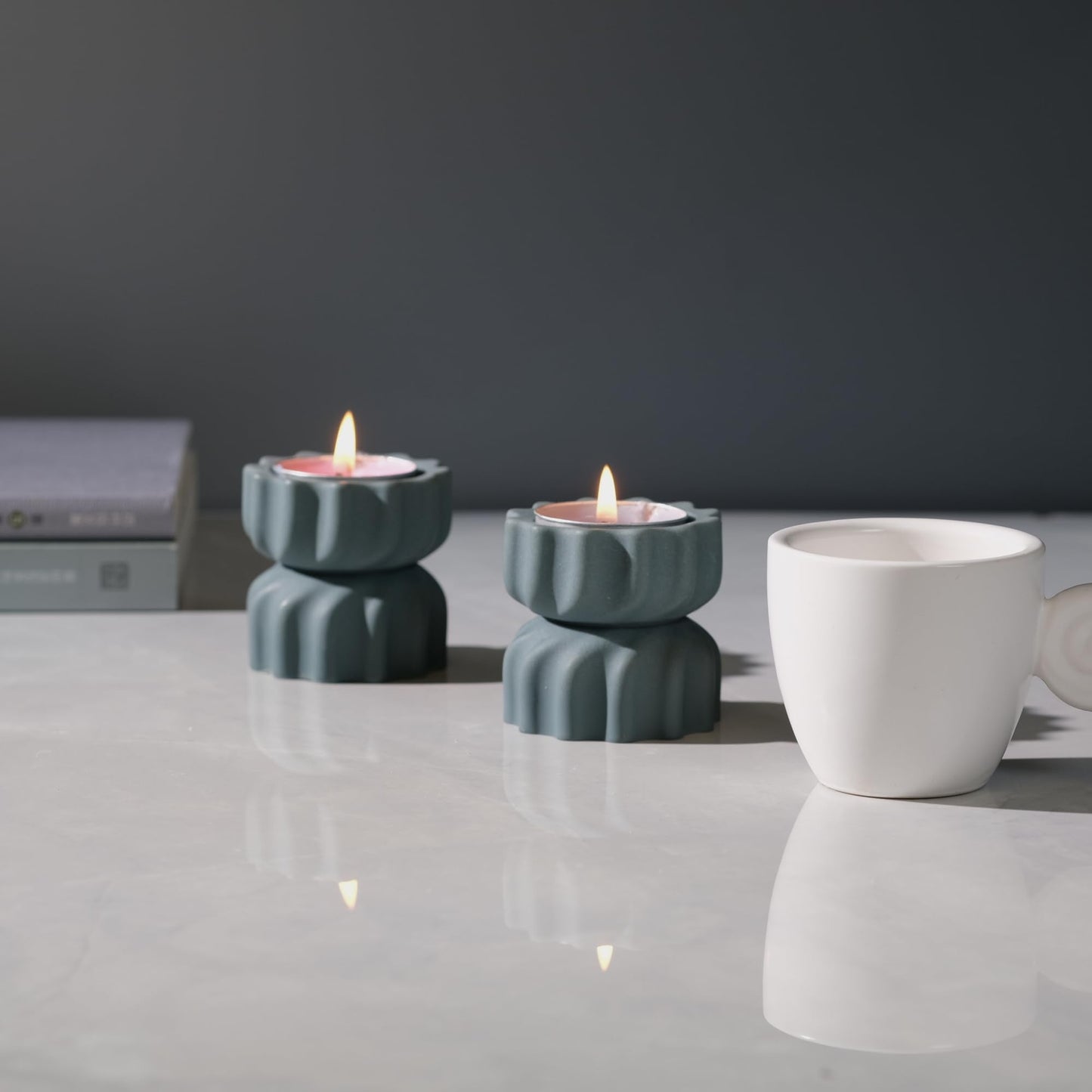 ICNBUYS Spiral Grain Tealight Candle Holder Set of 2; Cement Tea Light Votive Candle Holder with a Twist; Decorative Small Cement Tea Light for Coffee or Dining Table Decor; 2 x 2.1 Inches