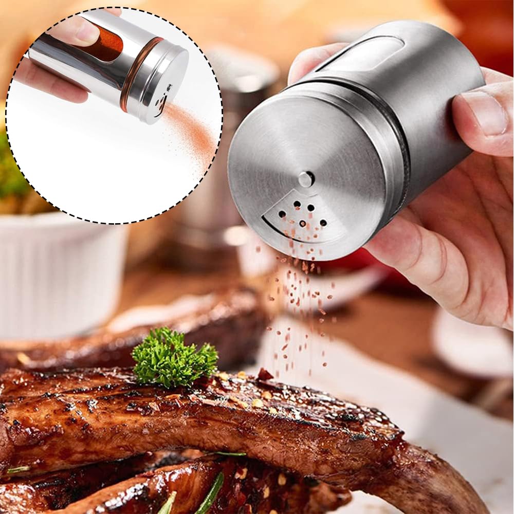 Aiareozy 6 Pack Salt and Pepper Shakers, 80ml Spice Jars with Shaker lids, Salt Shakers Glass with Adjustable Pour Holes, Stainless Steel Seasoning Containers, Spice Bottles Glass for Kitchen