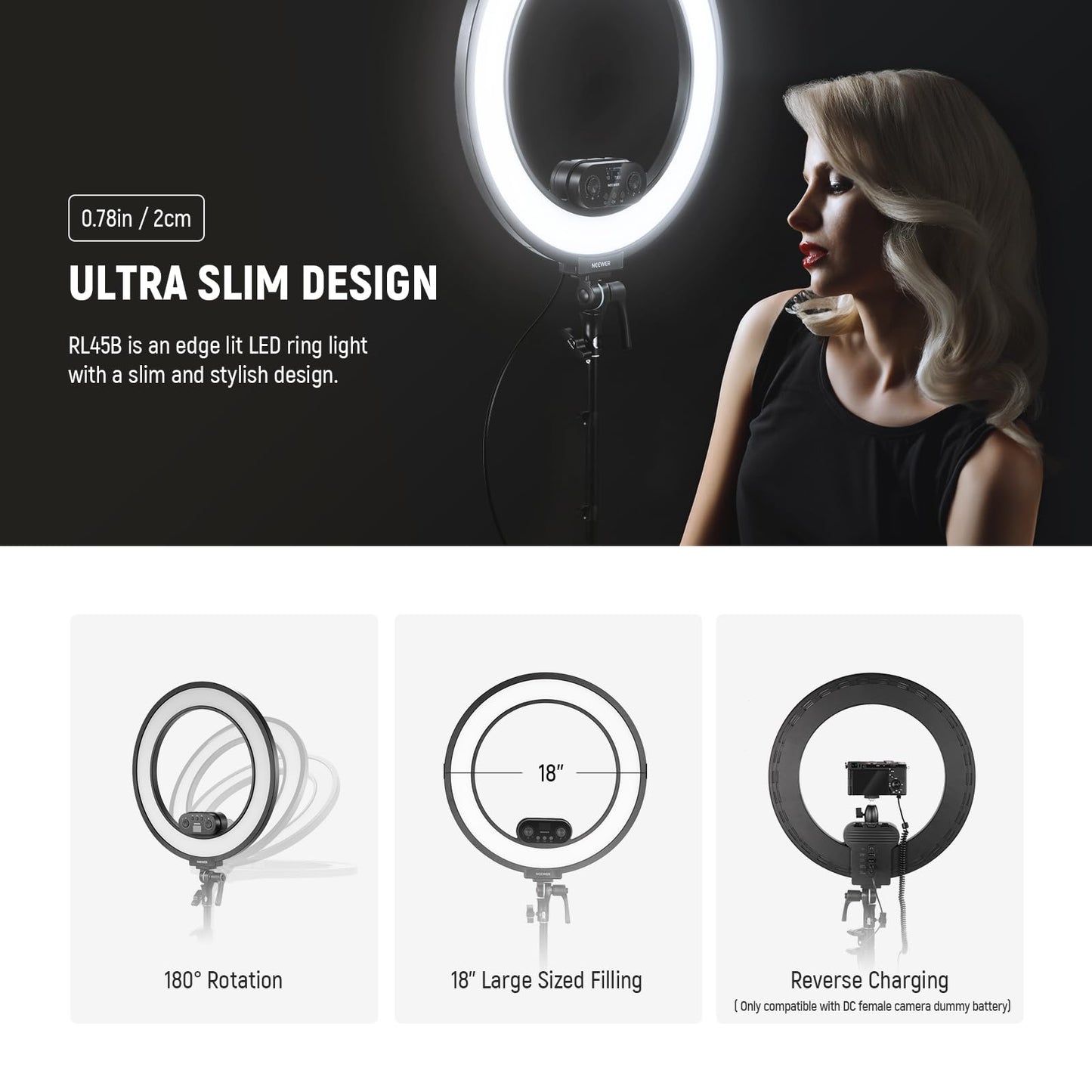 NEEWER 18 Inch Edge Lit Ring Light with Tripod Stand Phone Holder Compatible with iPhone for Video Recording Selfie Makeup Studio Streaming, 45W 2900-7000K APP 2.4G Control Ringlight Lighting, RL45B