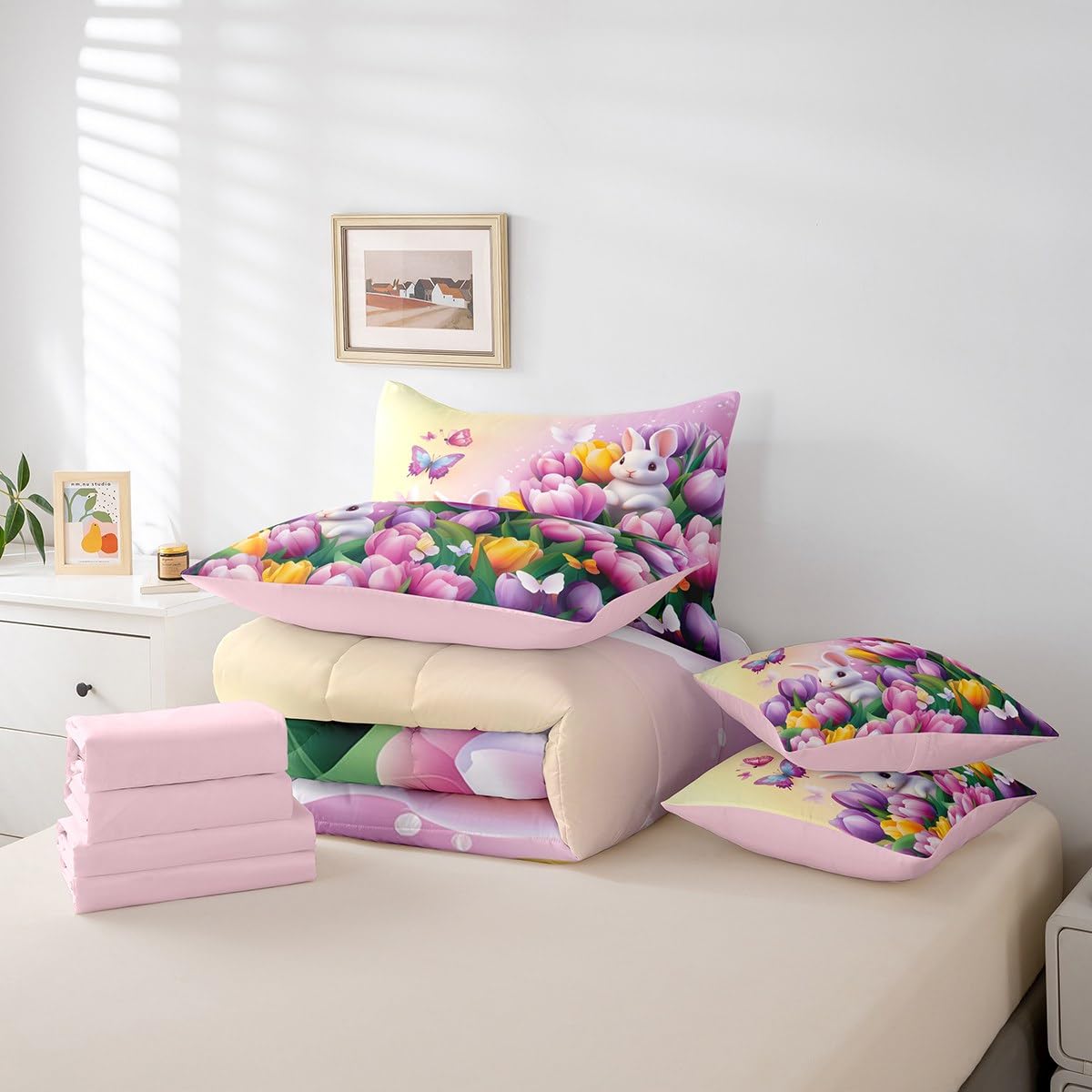 Erosebridal Pastel Tulip Twin Comforter Set 7 Piece Spring Tulip Flowers Bedding Set Pink Purple Garden Floral Bed in A Bag Cute Kawaii Rabbit Sheet Set with Comforter for Kids Boys Girls