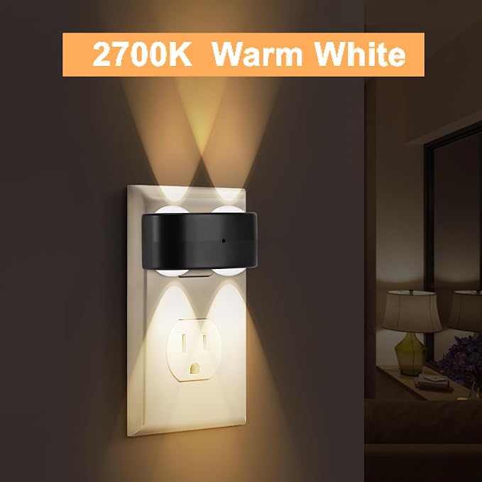 4-Pack LED Night Lights Plug into Wall, 2700K Soft White with Light Sensor, Ambient Lighting for Hallway, Bedroom, Bathroom, Nursery, Kitchen, Rotating Plug-in Night Light