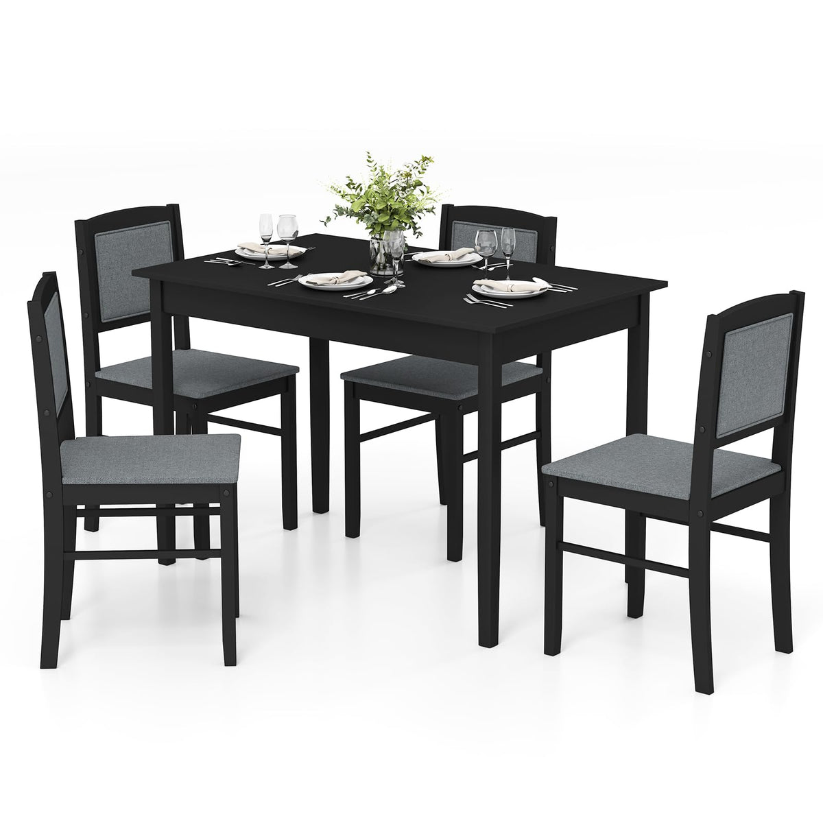 Tangkula Dining Table Set for 4, Farmhouse Solid Wood Dinette Set w/Rubber Wood Legs, Upholstered Seat & Padded Backrest, Mid-Century Modern Dining Table and Chairs Set for Kitchen, Dining Room