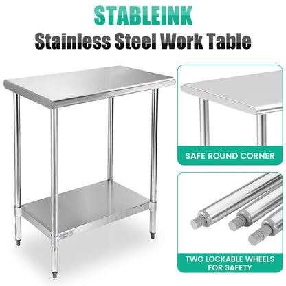 STABLEINK NSF Stainless Steel Small Table 18x30, Metal Prep & Work Table with Adjustable Undershelf, for Commercial Kitchen, Restaurant, Hotel, Bar and Garage