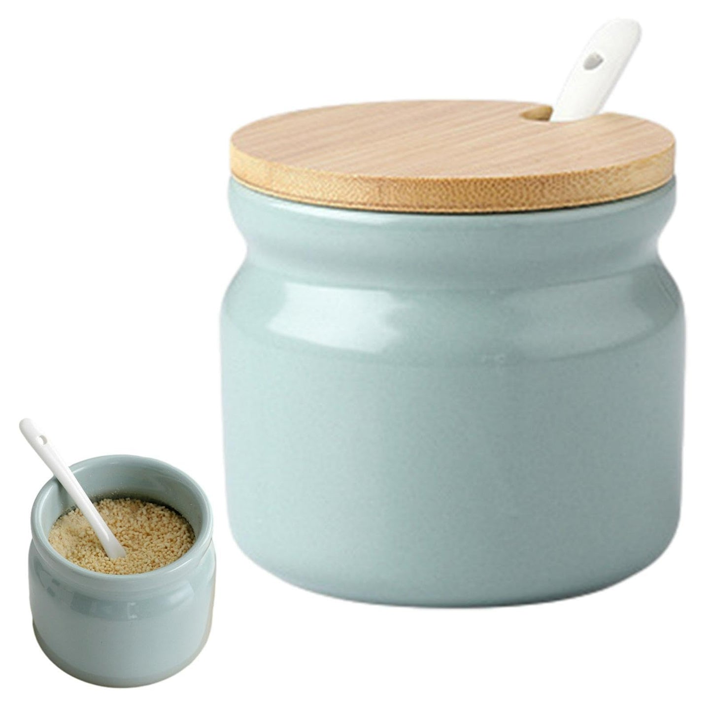 Frinovalt Ceramic Sugar Bowl, Porcelain Sugar Pot with lid and Spoon, 300ml/10.56oz Seasoning Storage Jar Salt Pot Salt Container for Coffee Bar, Home Kitchen(Light Green)