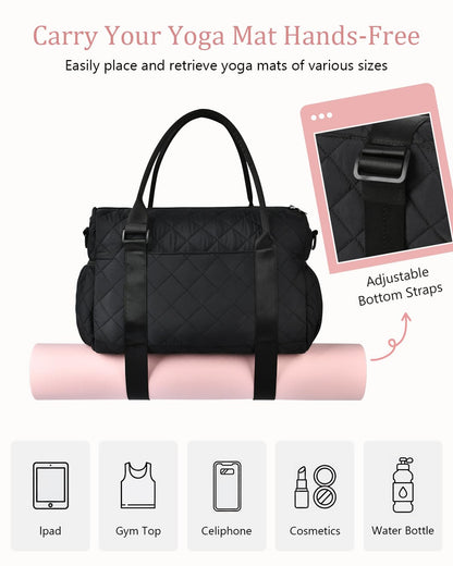 KUIRAN Gym Bag for Women with Yoga Mat Holder, Small Mini Gym Tote Bag Puffy Quilted Lightweight Sports Duffel Bag with Wet Compartment for Dance Yoga Workout Travel - Black