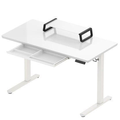SHW 48x24 Glass Electric Height Adjustable Standing Desk – Motorized Sit Stand Desk with Monitor Riser, Pull-Out Drawer, Memory Presets, White