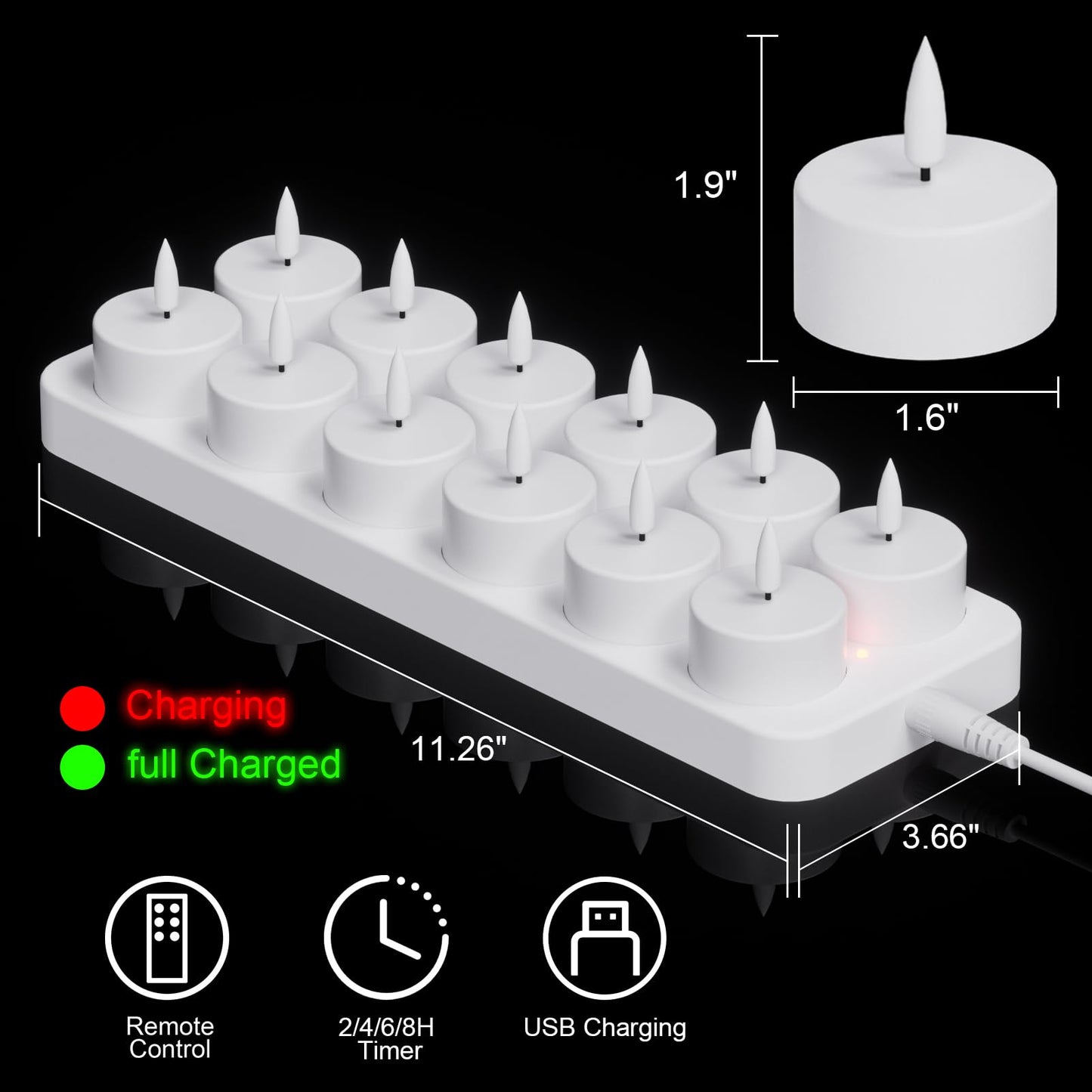 Wondise Rechargeable Tea Lights with Remote and Timer, 12 PCS Battery Operated 3D Wick Flickering Flameless Candles with Charging Base for Halloween Christmas Decor(1.6" x 1.9")