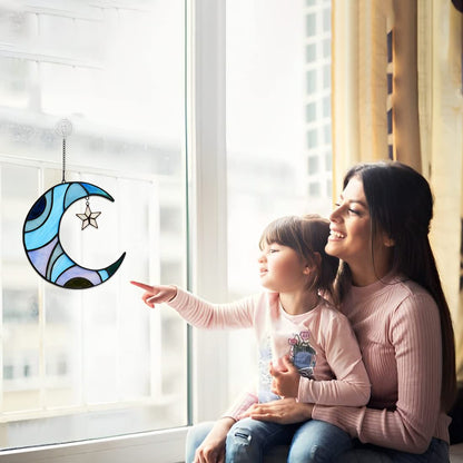 HAOSUM Stars and Moon Stained Glass Suncatcher - Window Decor Gift for Home Indoor - Crescent Moon and Star Decorations for Women
