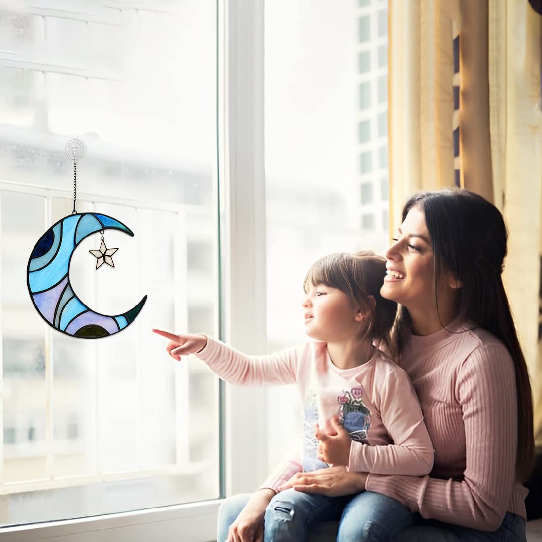 HAOSUM Stars and Moon Stained Glass Suncatcher - Window Decor Gift for Home Indoor - Crescent Moon and Star Decorations for Women