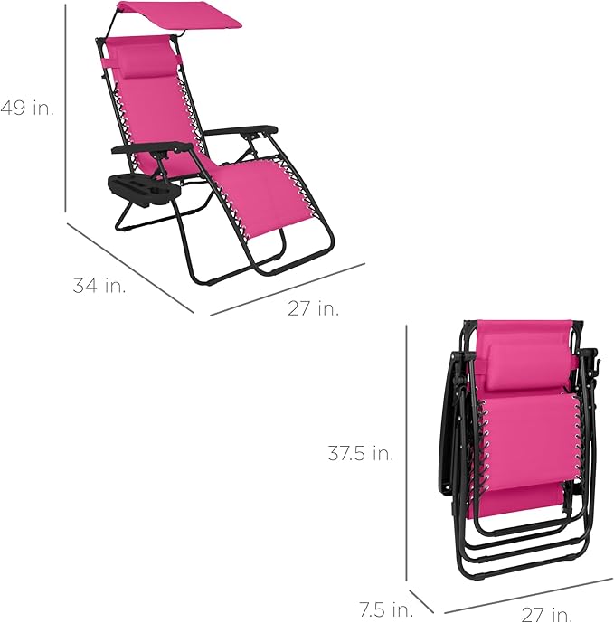 Best Choice Products Folding Zero Gravity Outdoor Recliner Patio Lounge Chair w/Adjustable Canopy Shade, Headrest, Side Accessory Tray, Textilene Mesh - Hot Pink/Black