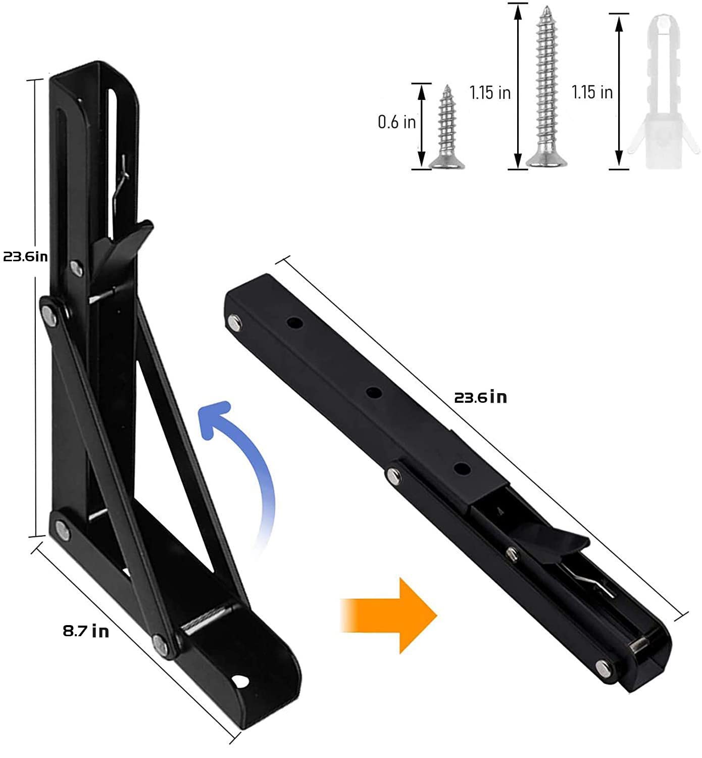 Folding Shelf Brackets - 24 Inch 2 Pcs Heavy Duty Metal Collapsible Triangle Shelf Bracket, DIY Wall Mounted Shelf Bracket, Space Saving for Bench Table