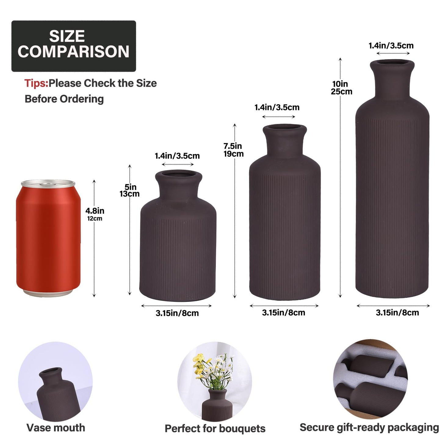Brown Ceramic Vase Set of 3 – Small Flower Vases, Modern Farmhouse Boho Flower Vases for Home Decor, Rustic Pottery Vases for Centerpieces, Living Room, Shelf, Fireplace, Entryway Decor, Table