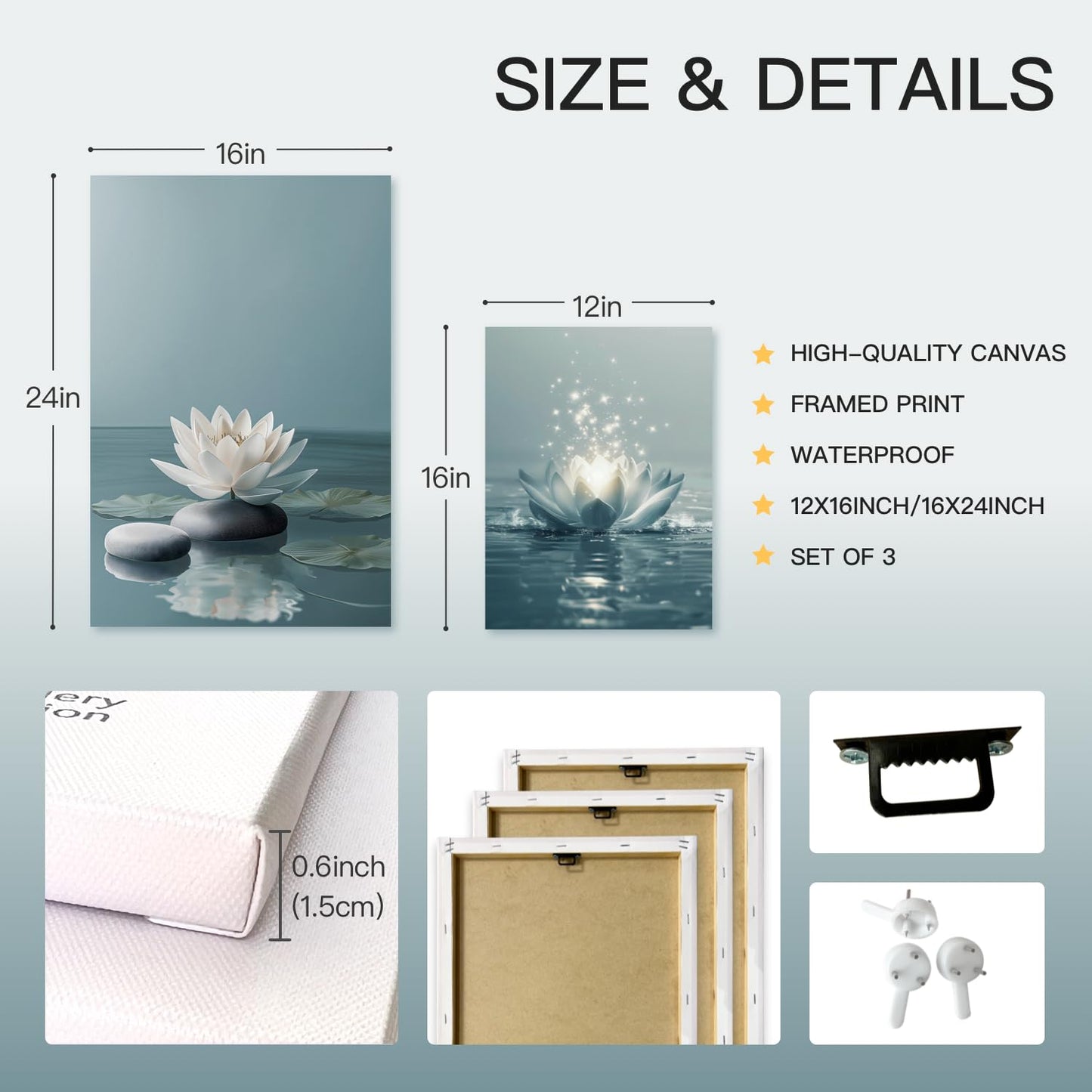 GELDSTEI Calm Zen Botanical Canvas Wall Art, White Lotus Blooming on Stones in Water Aesthetic Pictures, Yoga Spa Meditation Room Decor, Modern Spiritual Poster Prints for Zen Office Framed Set of 3, Each 12x16 Inch