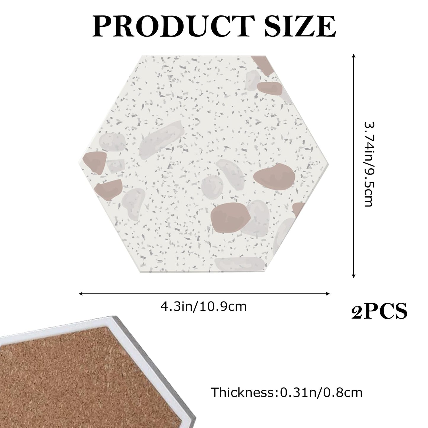 2-Pack Hexagon Marble Coasters, 4.2 Inch Absorbent Stone Drink Coasters with Marble Pattern, Non-Slip Heat Resistant Table Protectors for Drinks, Plants, and Candles