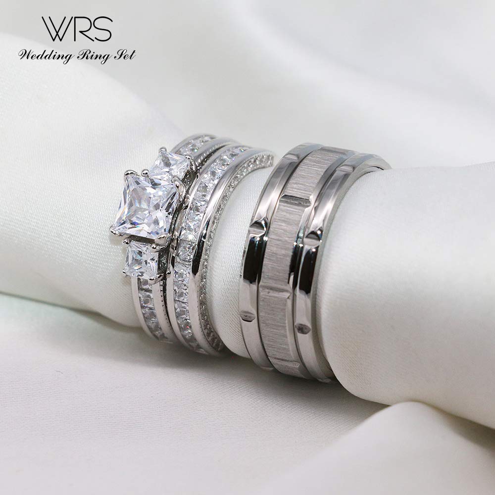 His Hers Wedding Ring Sets Couples Matching Rings Women's 10k White Gold Filled Heart CZ Wedding Engagement Ring Bridal Sets & Men's Tungsten Carbide Wedding Band
