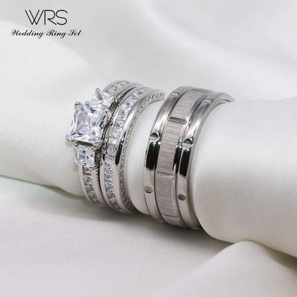 His Hers Wedding Ring Sets Couples Matching Rings Women's 10k White Gold Filled Heart CZ Wedding Engagement Ring Bridal Sets & Men's Tungsten Carbide Wedding Band