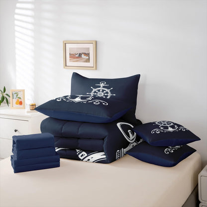 Erosebridal Nautical Anchor 7 Pcs Comforter Set Twin Size Ocean Sailboat Bedding Sets for Kids Boys Teens Adult Navy Blue Ocean Theme Bed in A Bag Coastal Compass Sheet Set