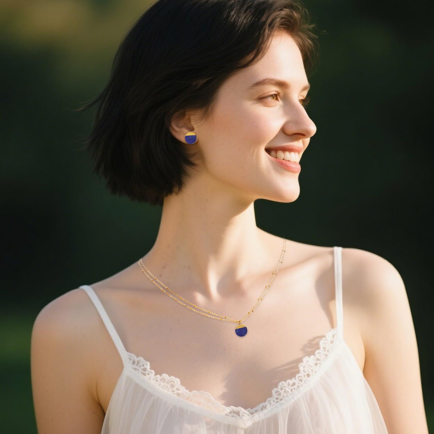 TaYolnFaSo Natural Lapis Lazuli Jewelry Set for Women 18K Gold Plated Lapis Lazuli Stud Earrings Double Chain Necklace Set Dainty Jewelry Gift