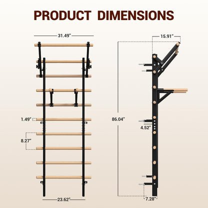GMWD Swedish Ladder, Wood Stall Bar, Suspension Trainer with Pull-Up Bar and Dip Bar Attachments, Wooden Stall Bar with 9 Strategic Rods for Core Strengthening and Stretching Balanced