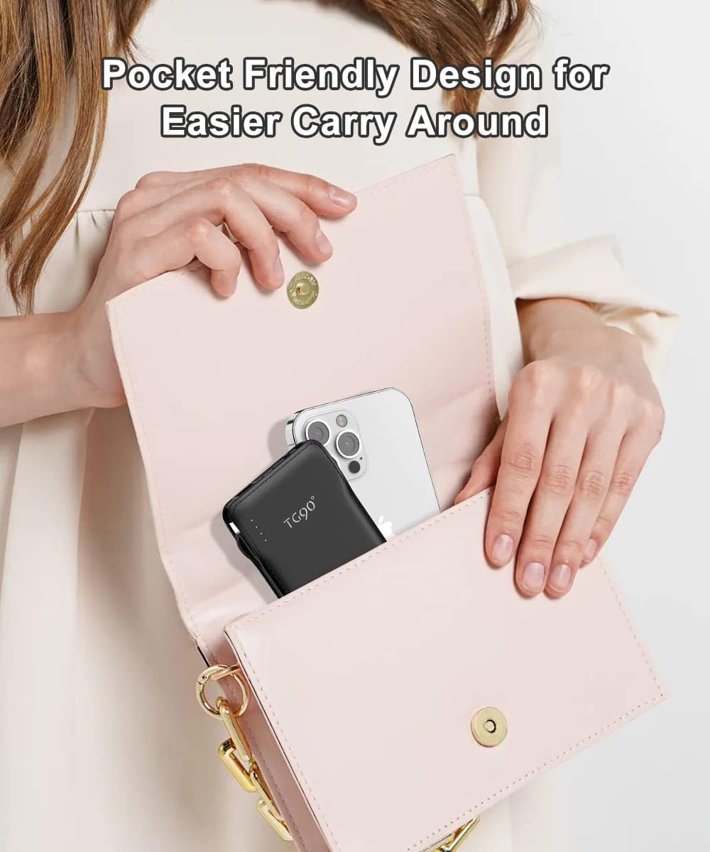 TG90° Portable Charger 10000mah Cell Phone Battery Backup, Ultra Slim Power Bank with Built in Lightning and USB-C Cable, Portable Phone Charger Battery Packs Compatible with iPhone Android Phones