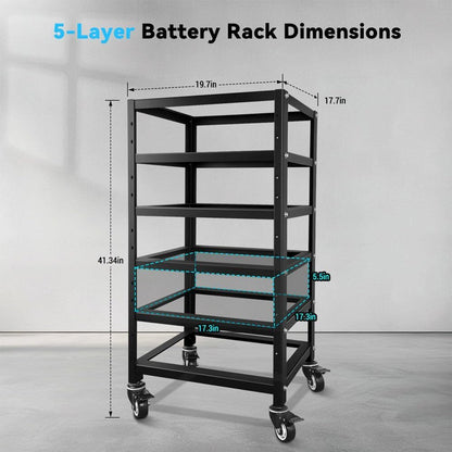 SUNGOLDPOWER 3U Server Rack Battery Rack, 5-Layer Rack for 48V 100Ah Lithium Batteries, Stackable Battery Holder with Wheels & Open Ventilation for Solar Energy Storage Systems