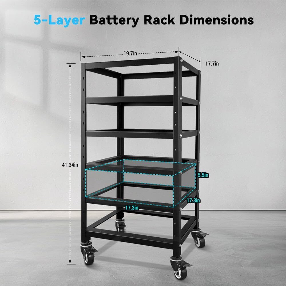SUNGOLDPOWER 3U Server Rack Battery Rack, 5-Layer Rack for 48V 100Ah Lithium Batteries, Stackable Battery Holder with Wheels & Open Ventilation for Solar Energy Storage Systems