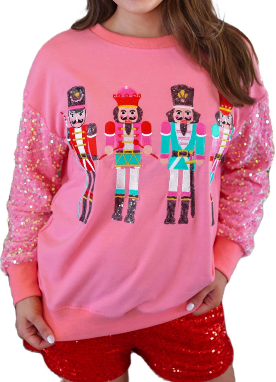 Yiulangde Ugly Christmas Sweater Nutcracker Ballet Sparkly Sequin Long Sleeve Shirt Cute Santa Sweatshirt Pullover Sweaters for Women